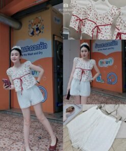 ÁO PEPLUM HOA NHÍ ĐỎ THẮT NƠ