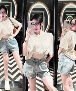 Alternative view of QUẦN SHORT JEAN NGỐ THÊU CHỮ