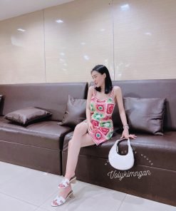 ĐẦM LEN CARO HỒNG HOA XANH