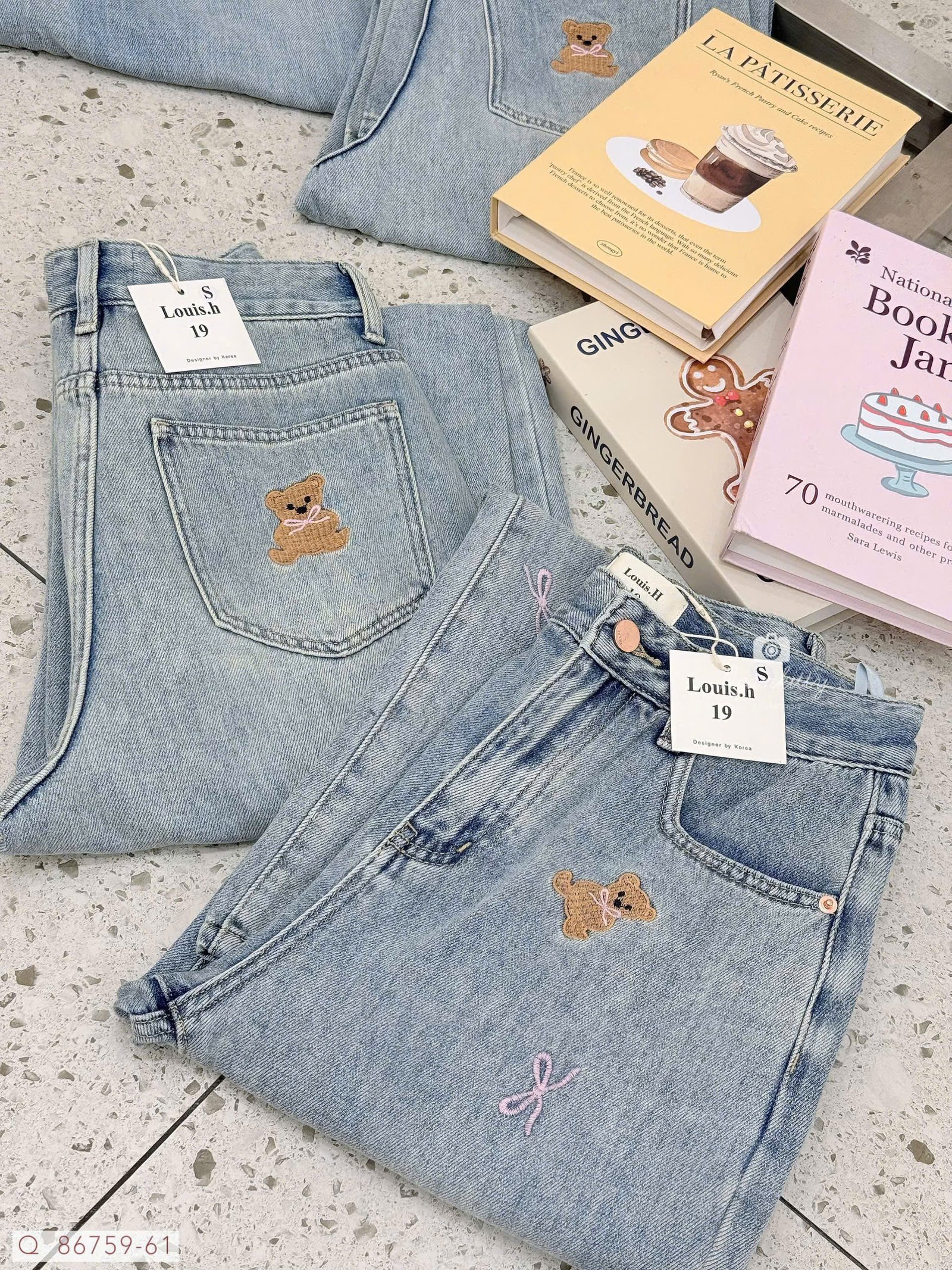 QUẦN JEAN SUÔNG THÊU TIM NƠ GẤU - Hình ảnh 5