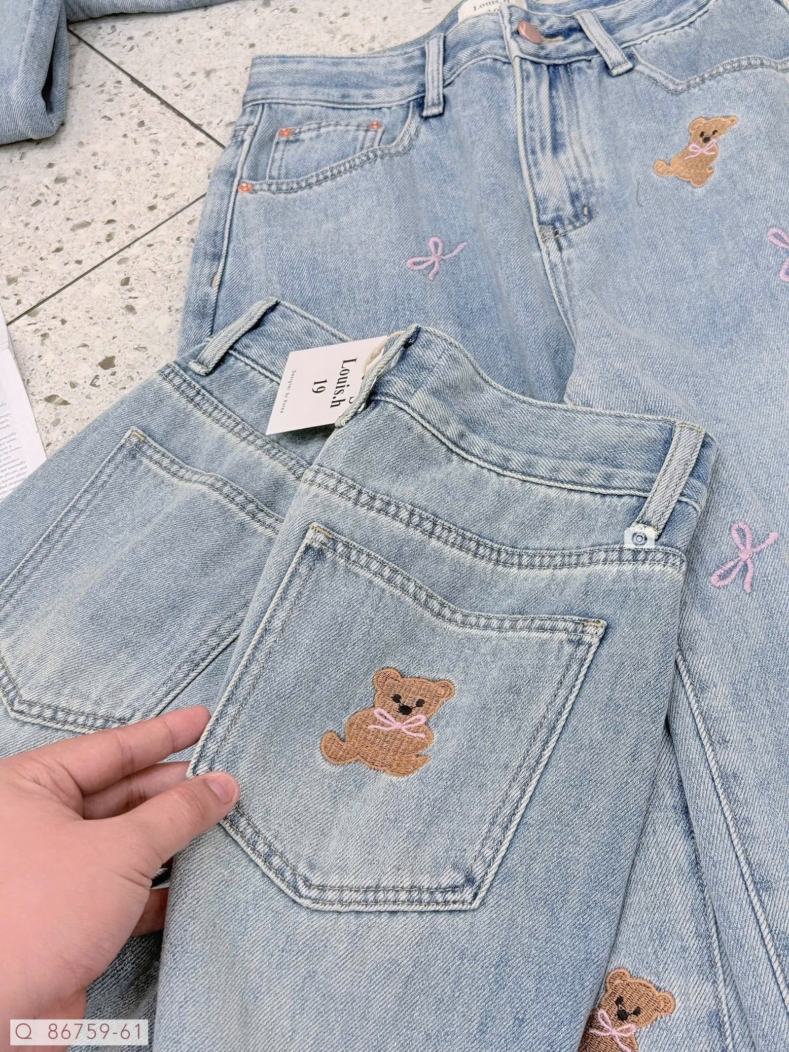 QUẦN JEAN SUÔNG THÊU TIM NƠ GẤU - Hình ảnh 4