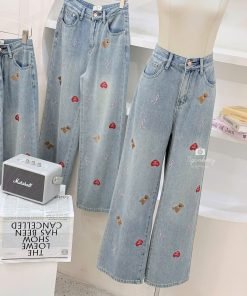 QUẦN JEAN SUÔNG THÊU TIM NƠ GẤU