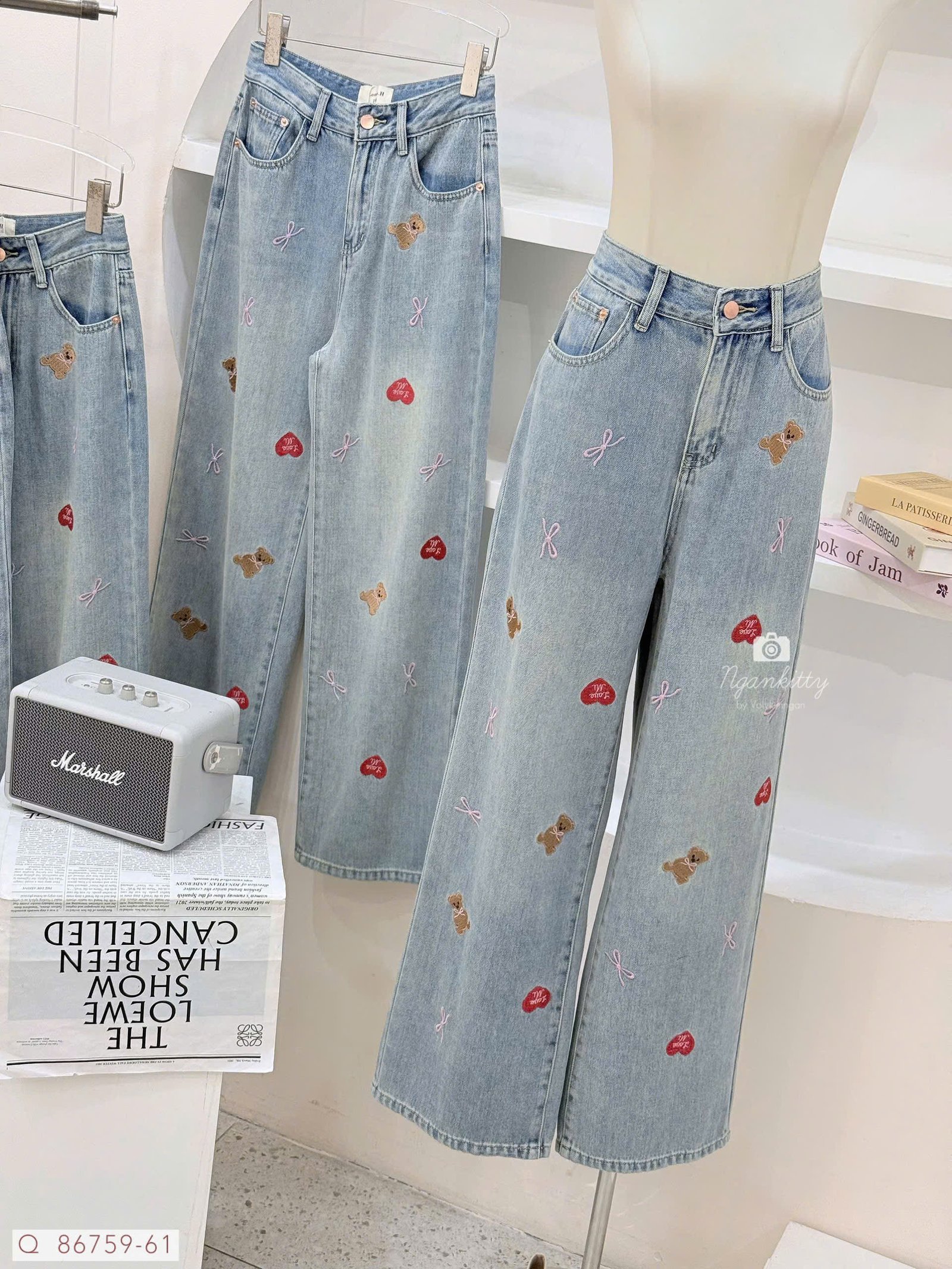 QUẦN JEAN SUÔNG THÊU TIM NƠ GẤU