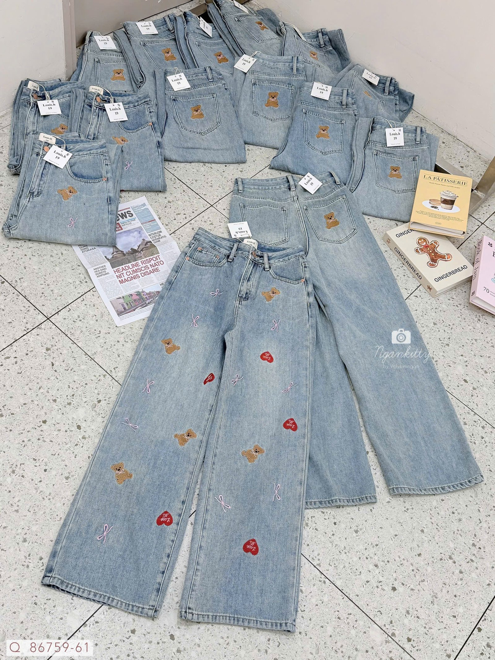 QUẦN JEAN SUÔNG THÊU TIM NƠ GẤU - Hình ảnh 3