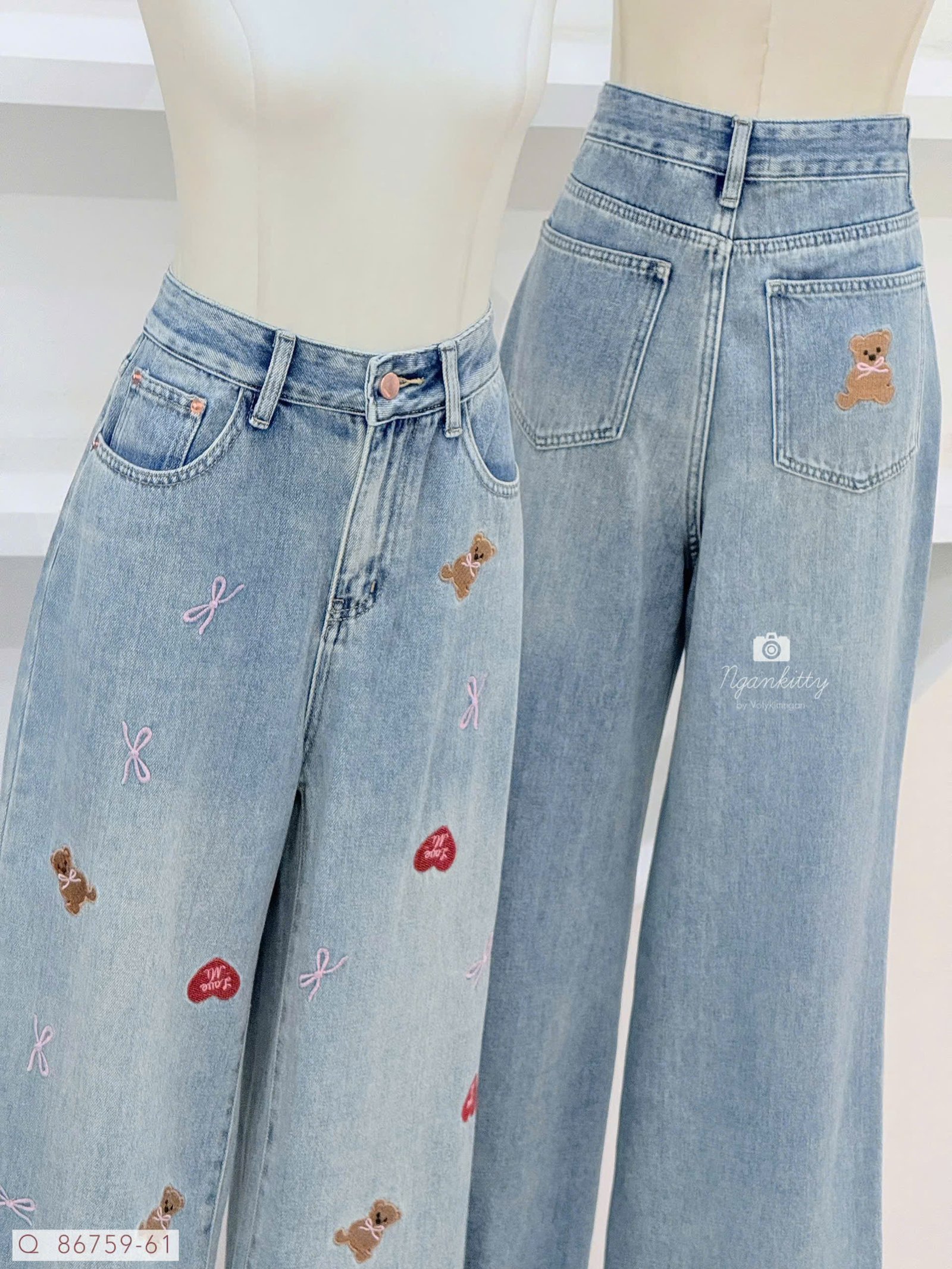 QUẦN JEAN SUÔNG THÊU TIM NƠ GẤU - Hình ảnh 2