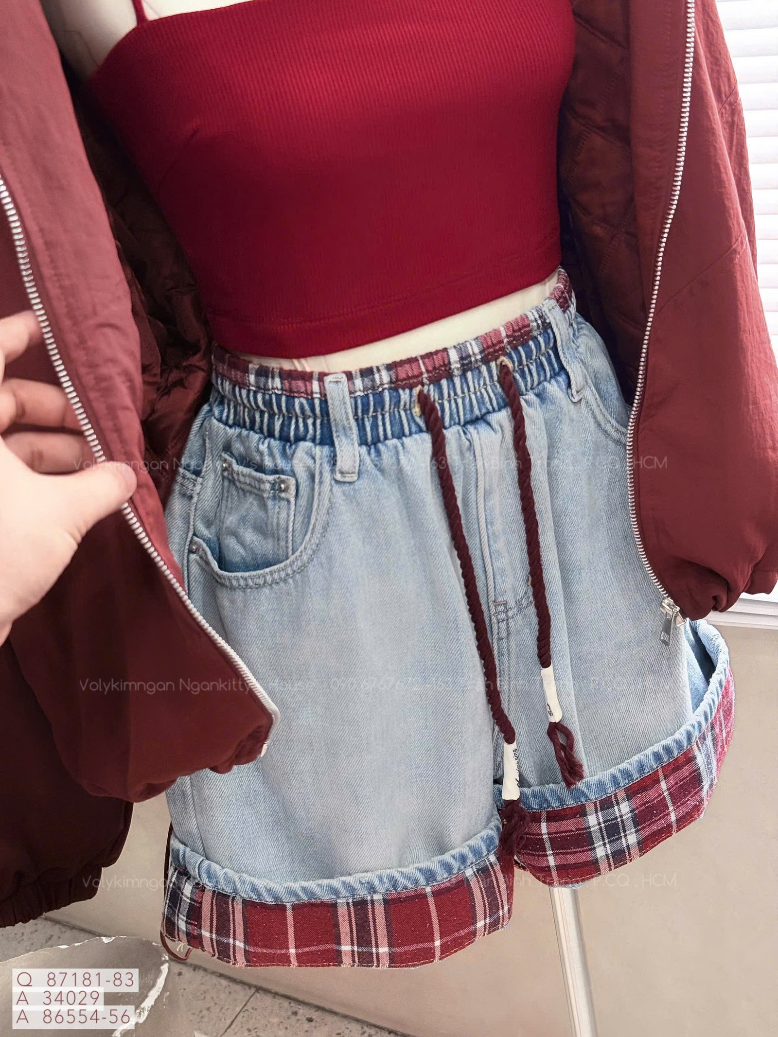 QUẦN SHORT JEAN NGỐ MIX CARO RÚT - Hình ảnh 3