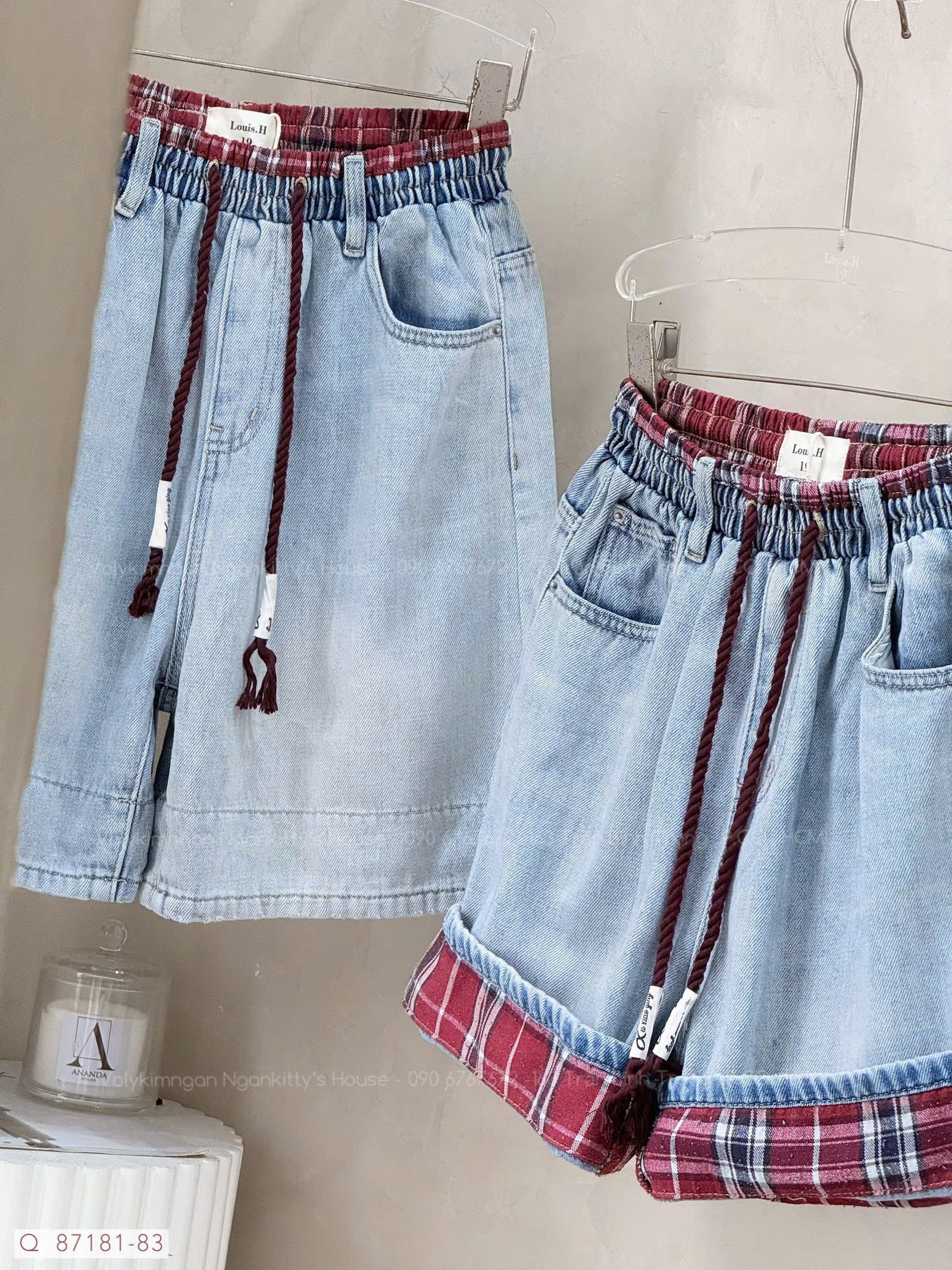 QUẦN SHORT JEAN NGỐ MIX CARO RÚT - Hình ảnh 5