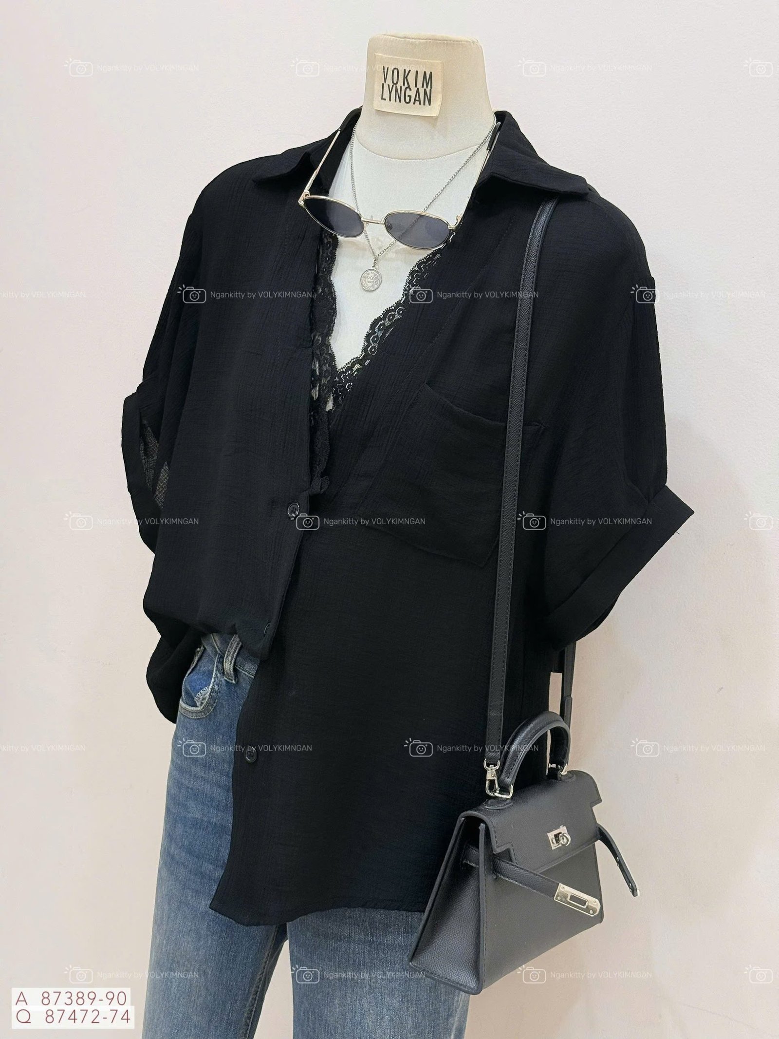 ÁO SƠMI CỔ V MIX REN - Ảnh 2