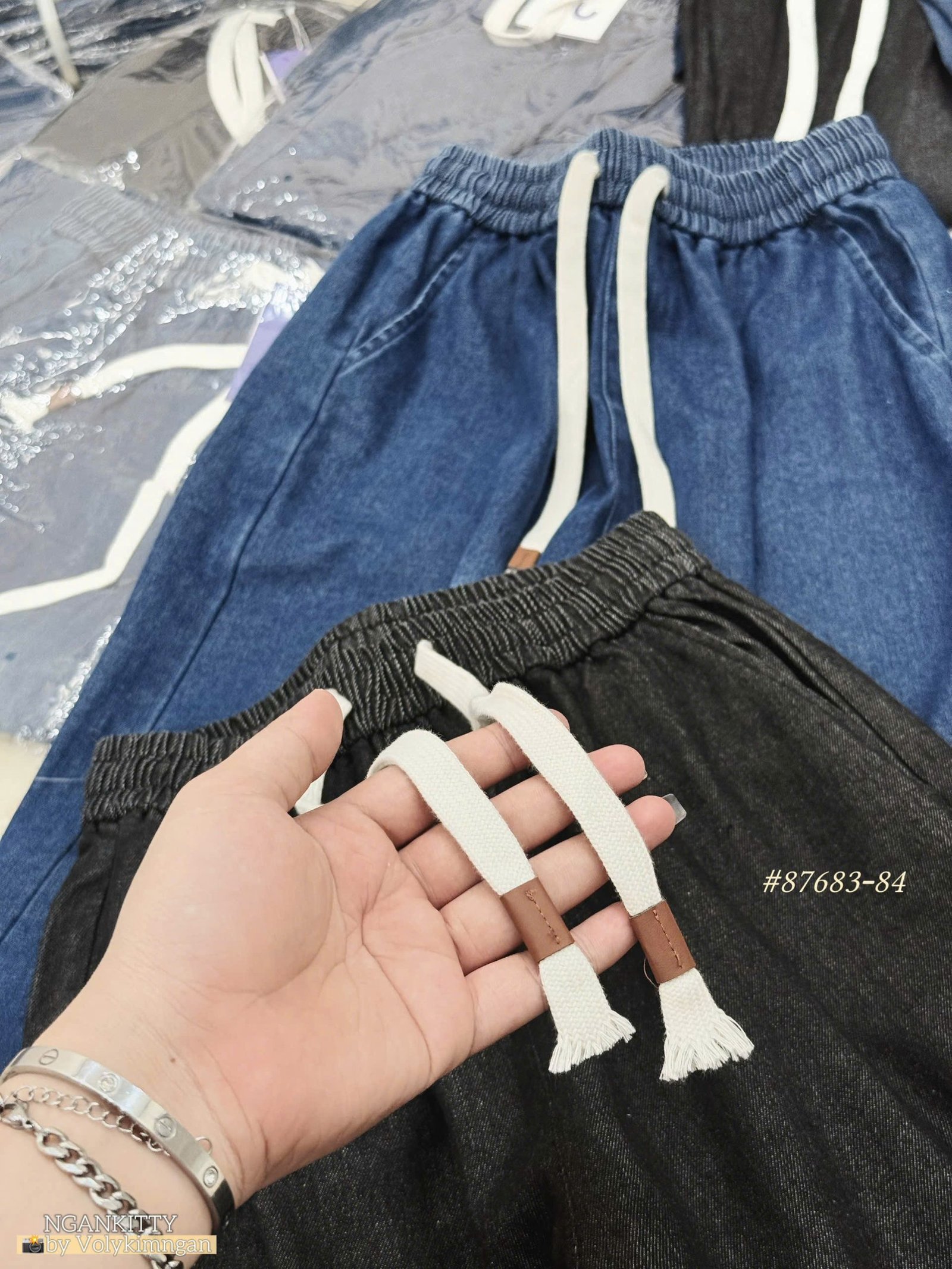 Quần denim suông dây rút - Ảnh 6