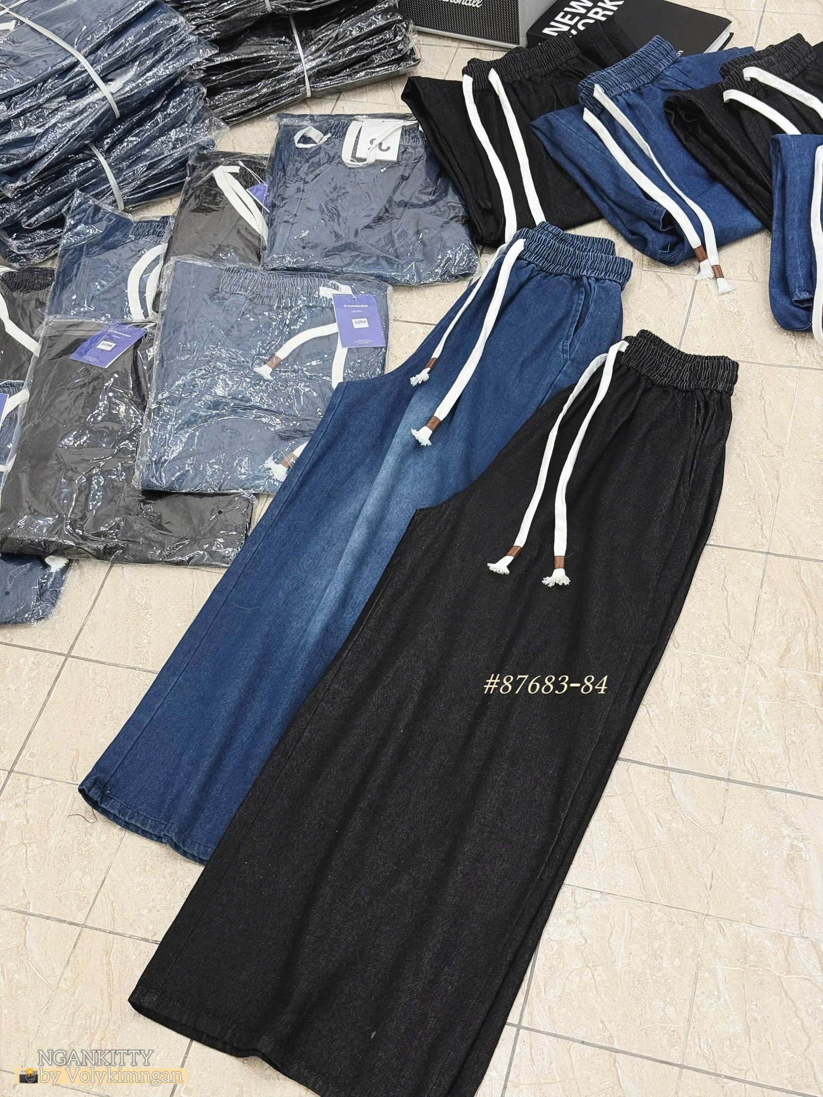 Quần denim suông dây rút - Ảnh 4