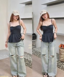 Quần jean suông rách 2 bên