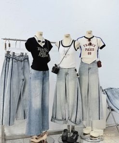 Quần jean suông mix sọc đậm