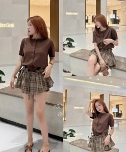 Quần bí viền bèo kẻ nâu