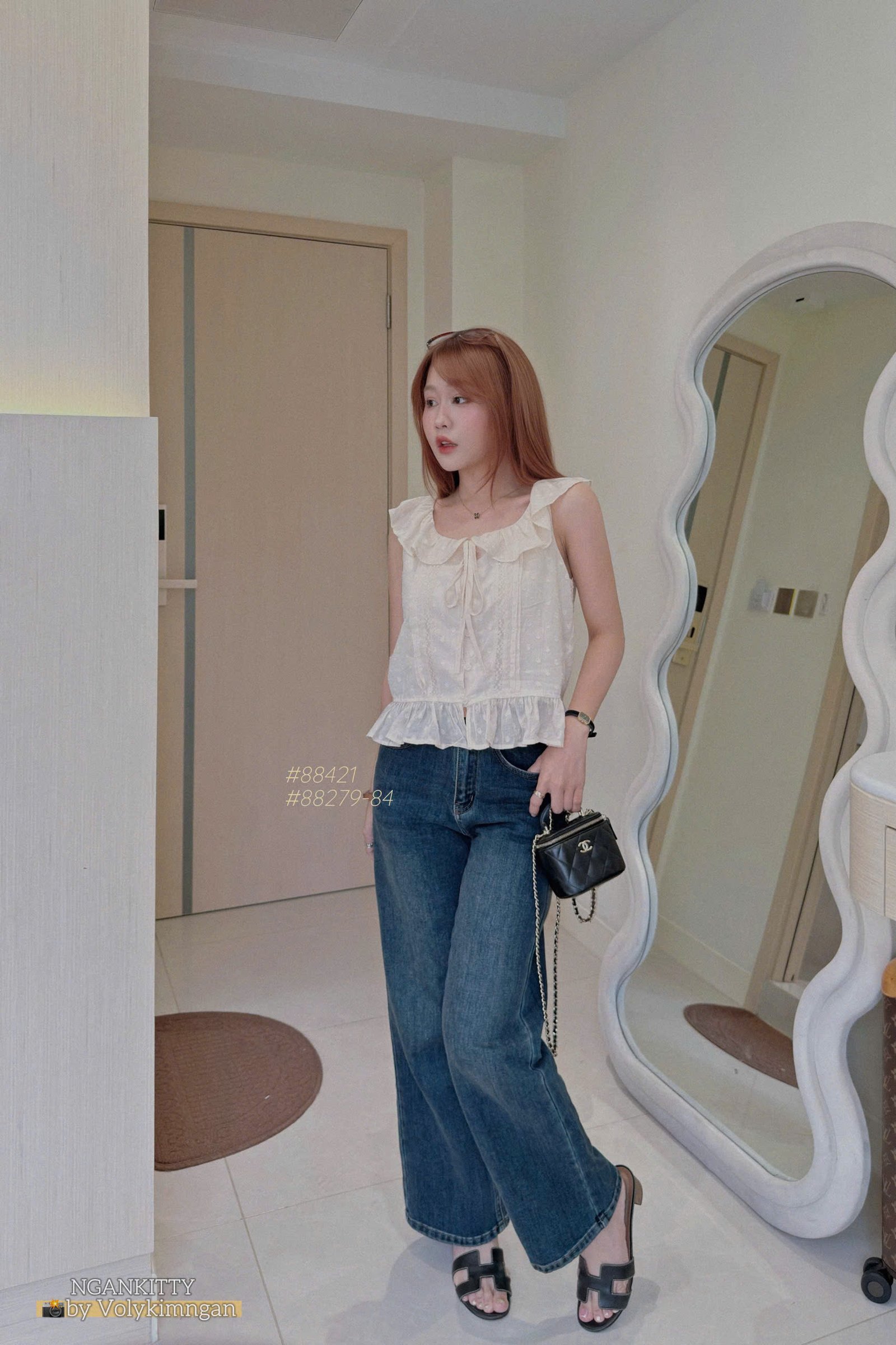 Áo sn xô ren cổ bèo nơ