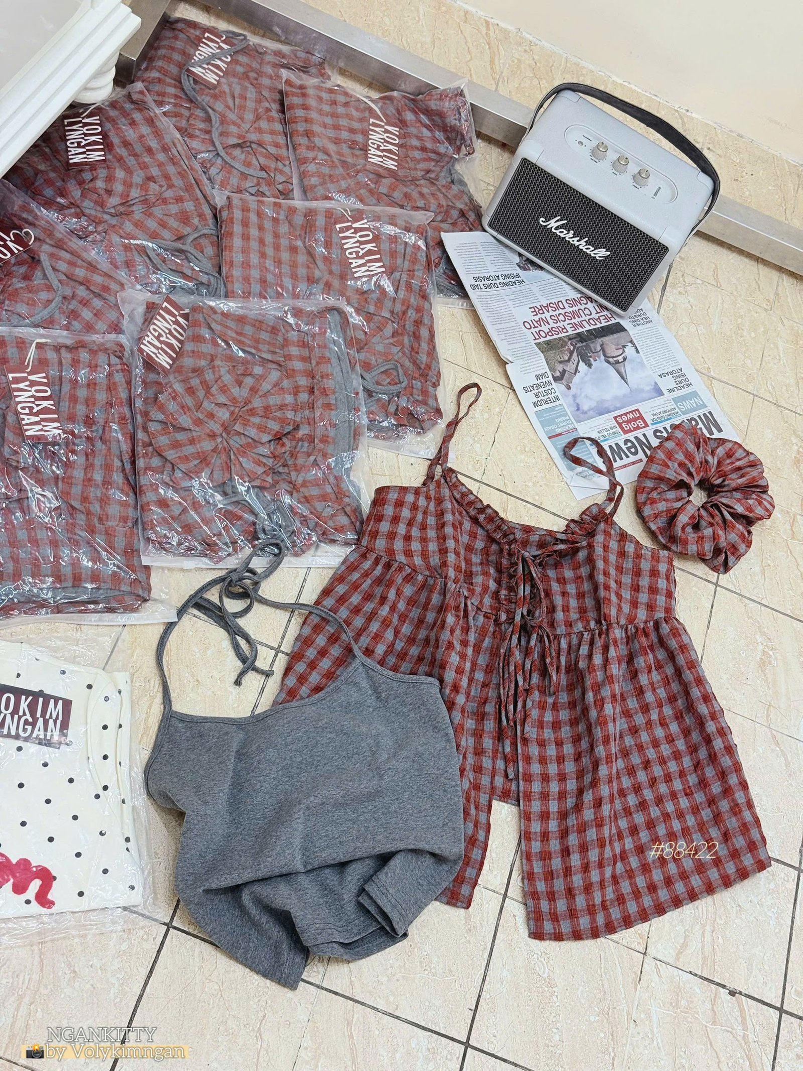 Set áo 2s váy caro bèo + cột - Ảnh 7